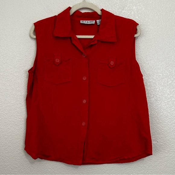Je T'aime Linen Blend Orange Red Button Down Sleeveless Shirt Top, Sz Large - Picture 1 of 10